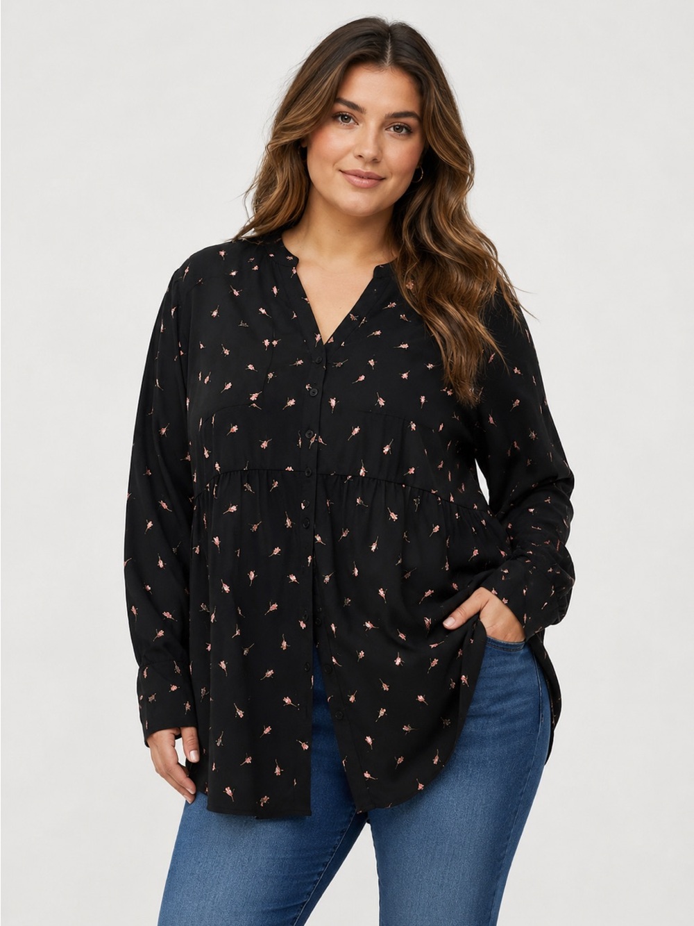 NWT Torrid Rose Buds Floral Emma Babydoll Top Button Front Blouse Black Size 3X